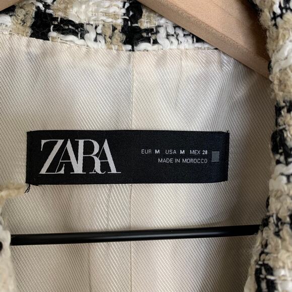 Zara Women Taupe Brown Lapel Collar Longline Textured Plaid Blazer Medium - Picture 15 of 16